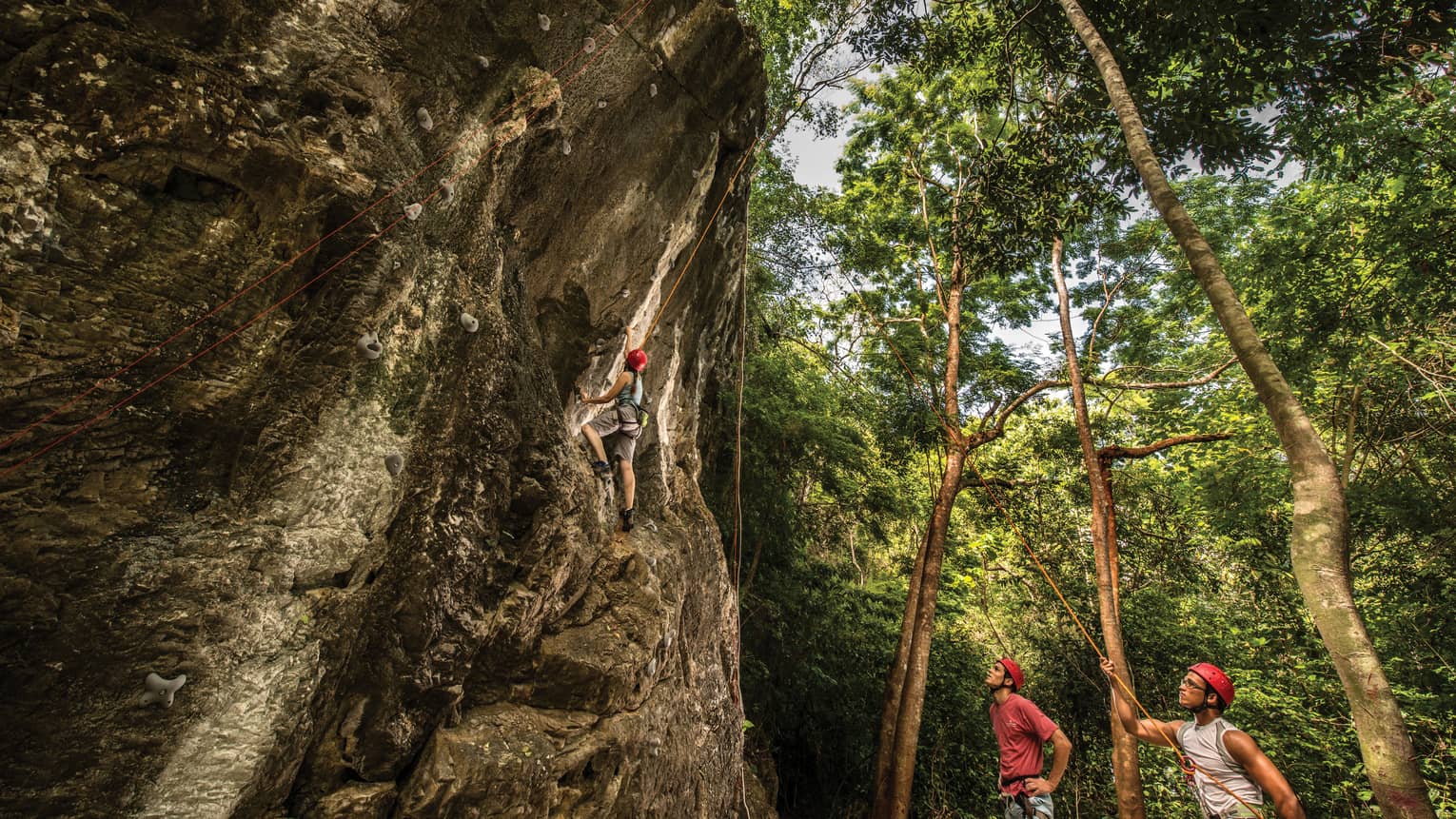 Two men in rock climbing helmets look up as woman scales large rock face