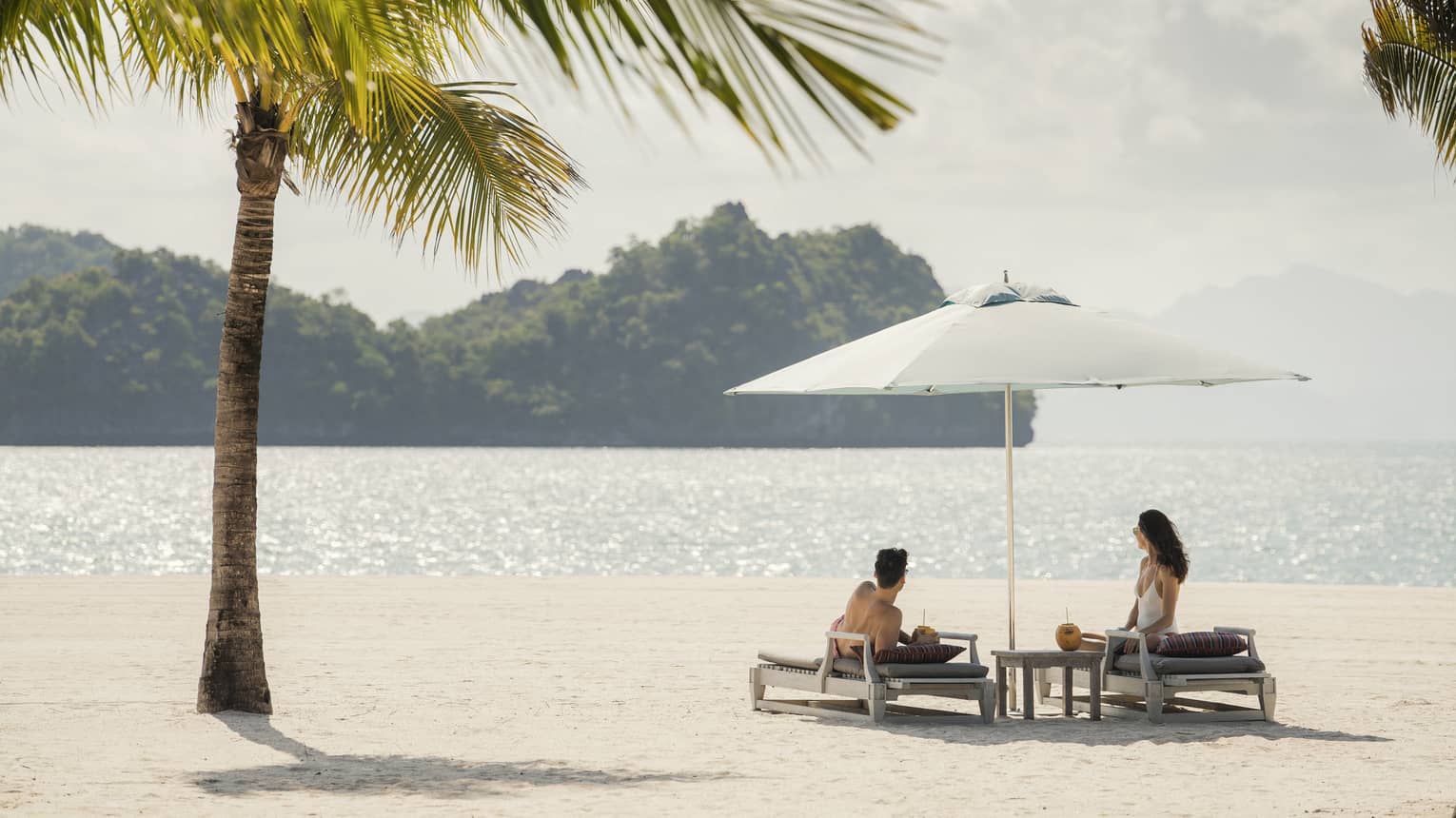 A couple on lounge chairs on a white-sand beach, white umbrella, looking out to water, large palm tree