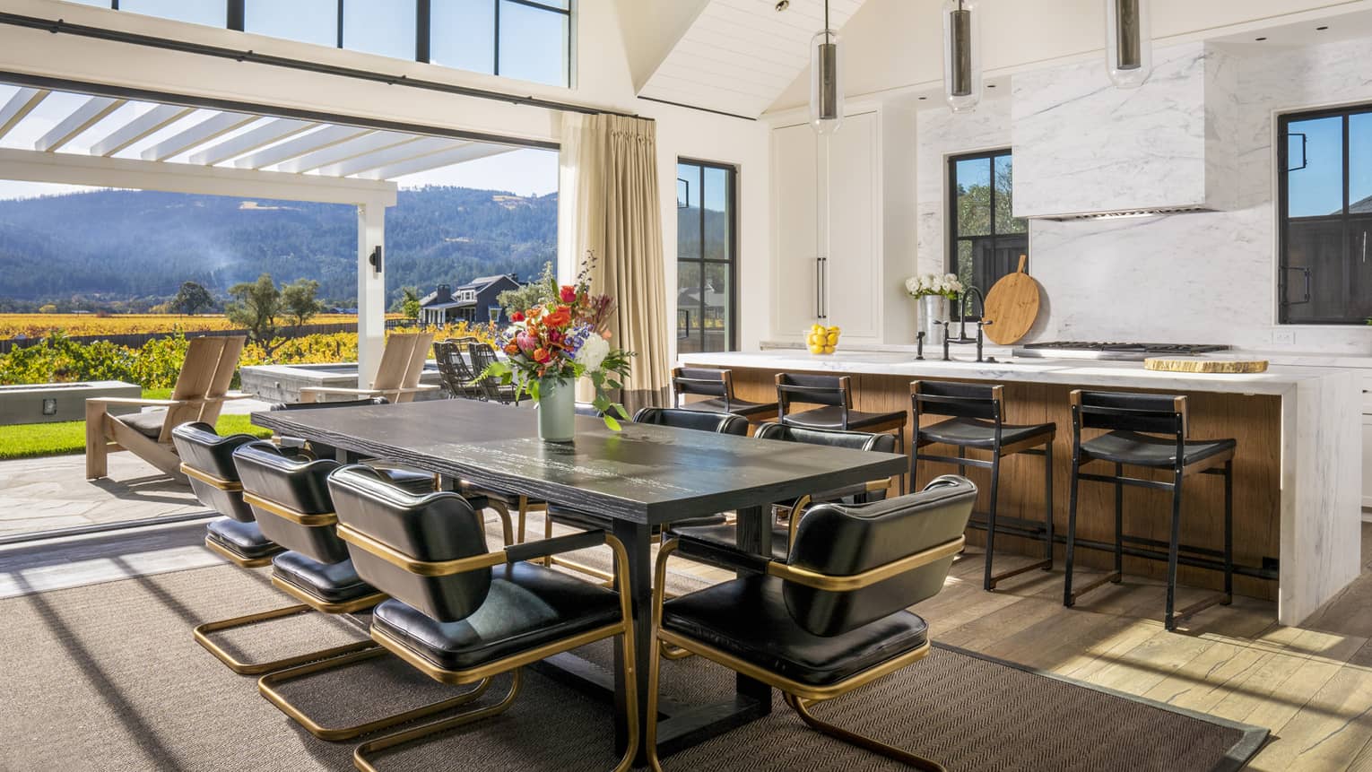 Kitchen and dining area opening up to vineyard-view terrace