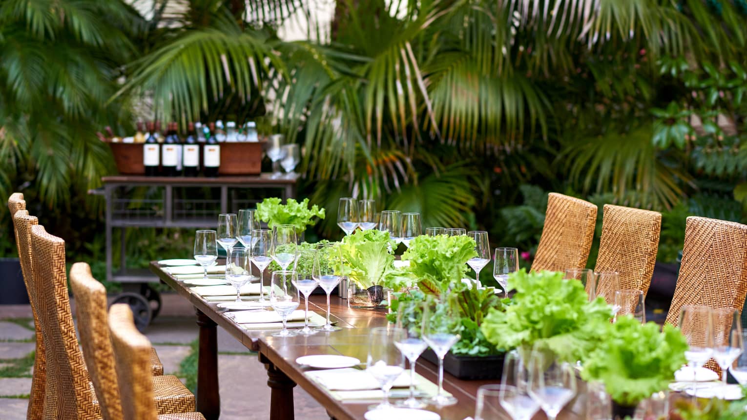 Garden patio long dining table with lettuce centrepieces and wicker chairs 