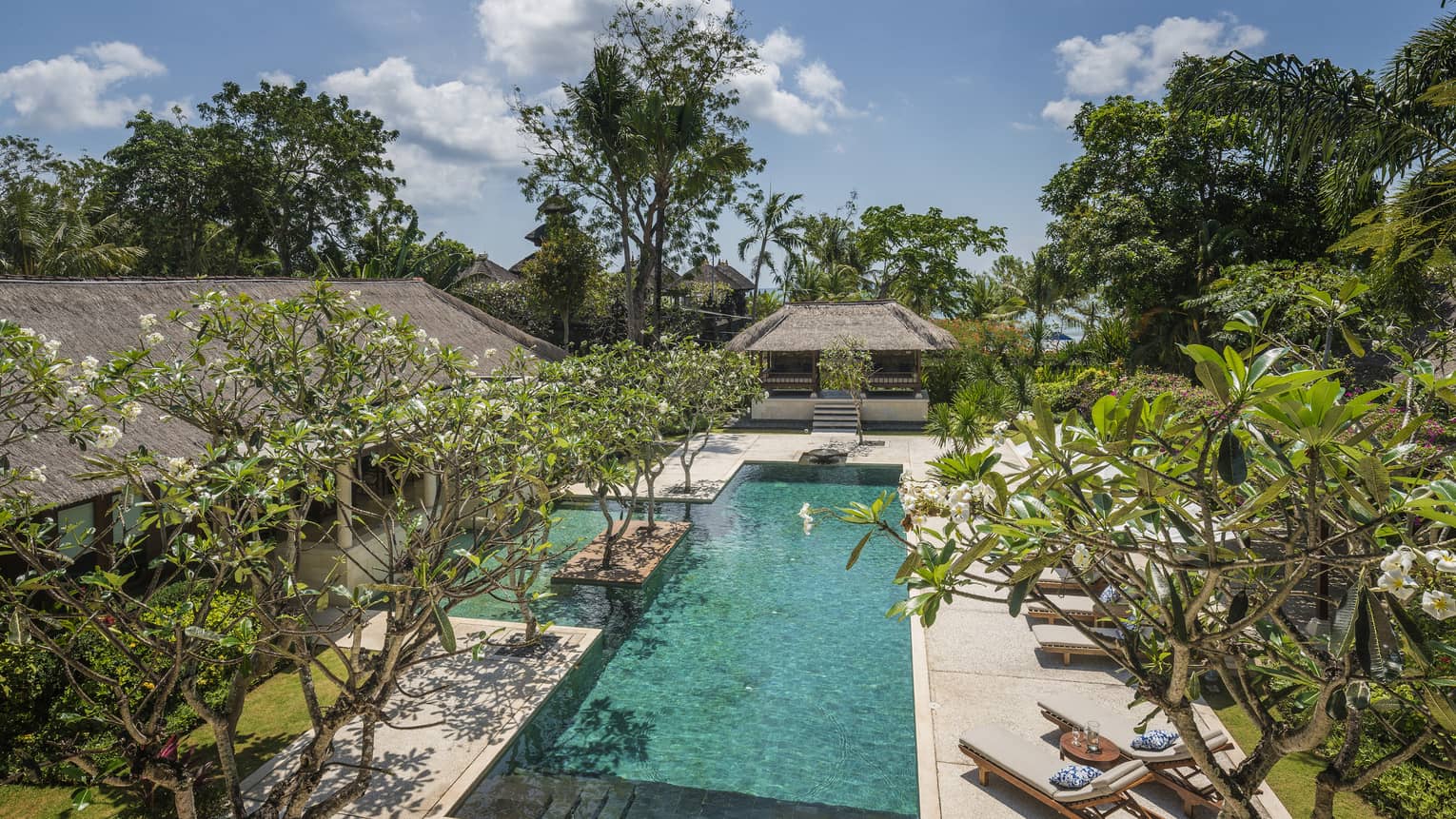 Aerial view of long Residence outdoor swimming pool, deck and trees 