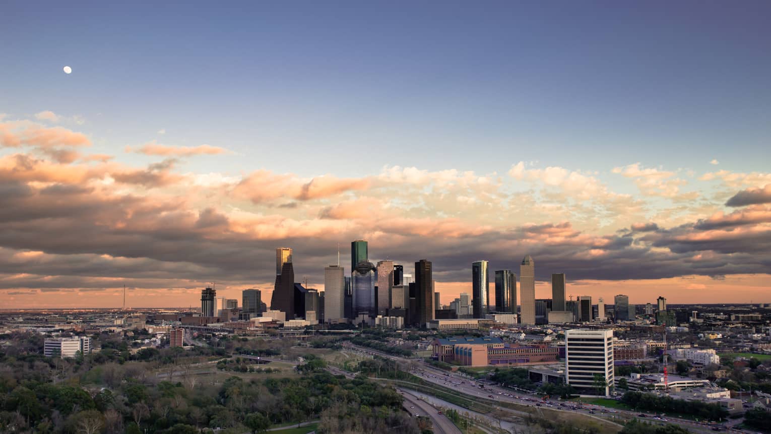 View of Houston city skyline at sunrise 