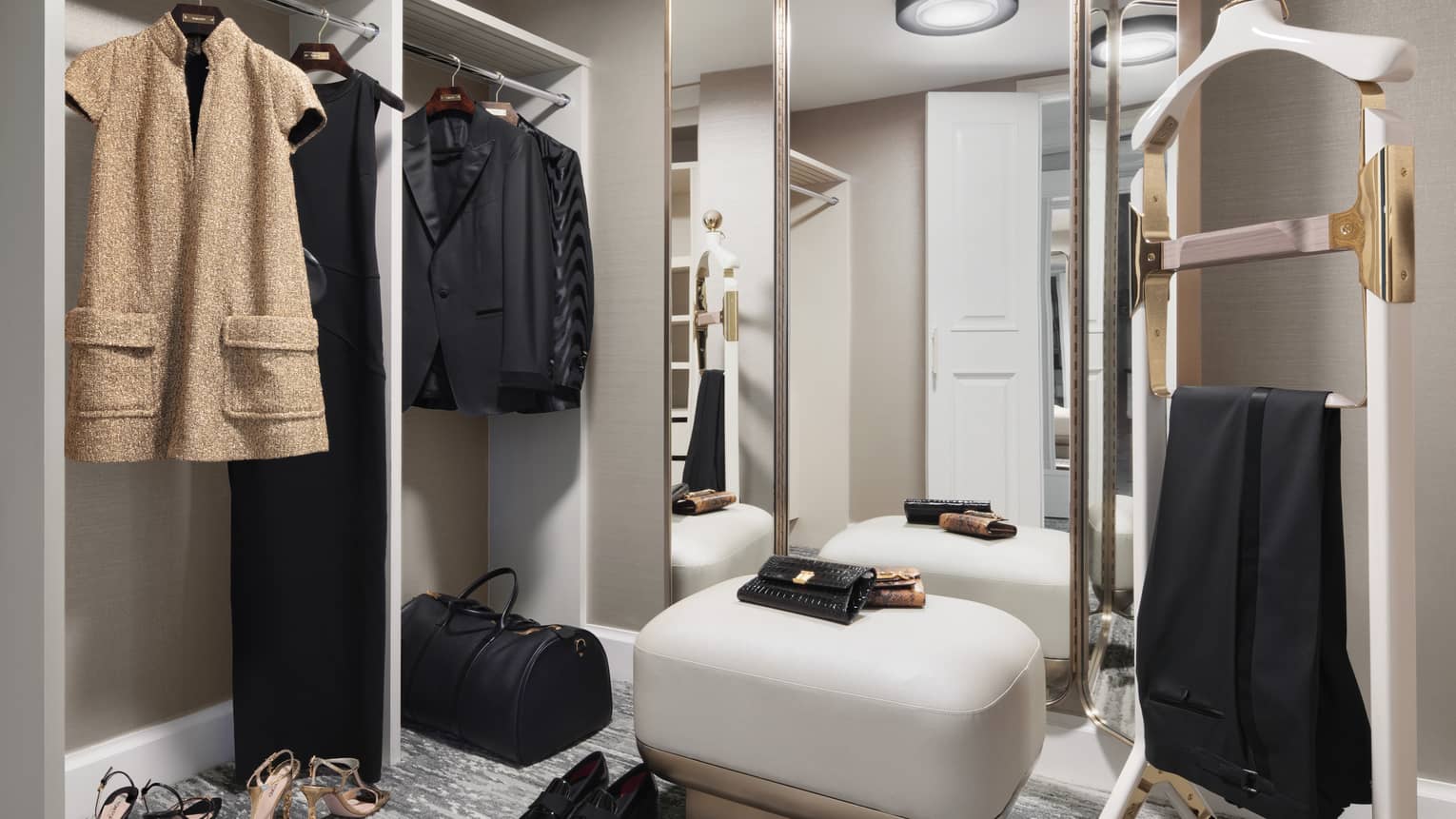 Large closet and dressing room with three-way mirror, Presidential Suite at Four Seasons Hotel Las Vegas