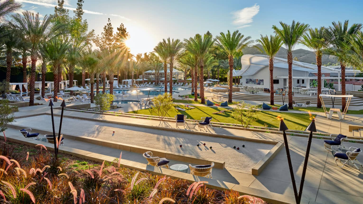 An outdoor area with chairs, pool and palm trees.