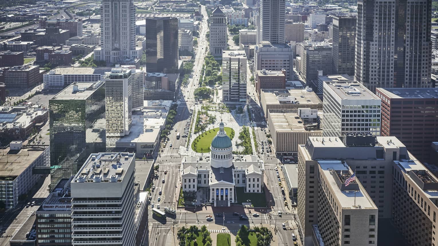 Aerial view of St. Louis city buildings, Kiener Plaza 