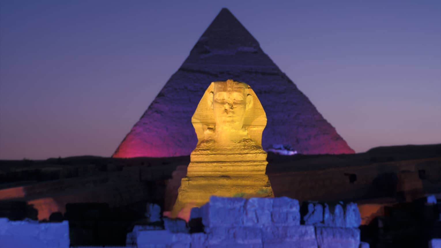 Sphinx and pyramid night light show Egypt