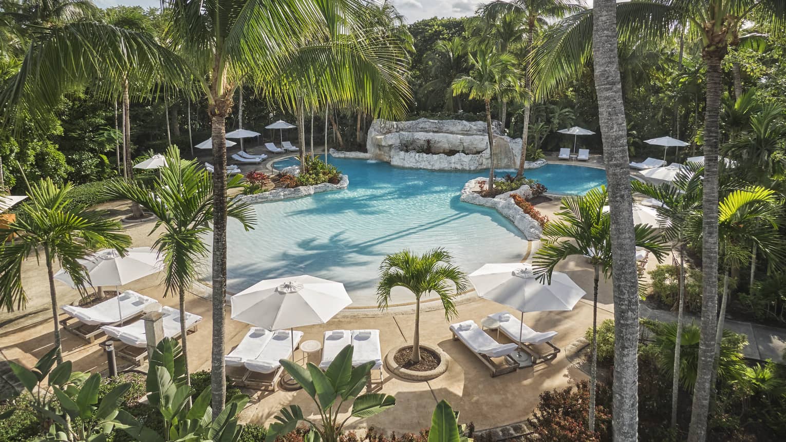 An outdoor pool surrounded by white lounge chairs and palm trees.