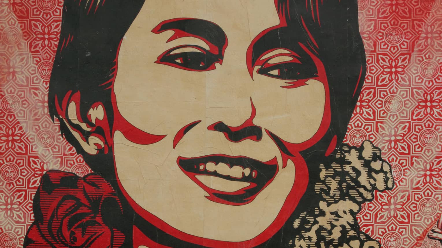 A print by Shepard Fairey of Aung San Suu Kyi, a Burmese politician, diplomat, author and a 1991 Nobel Peace Prize laureate.