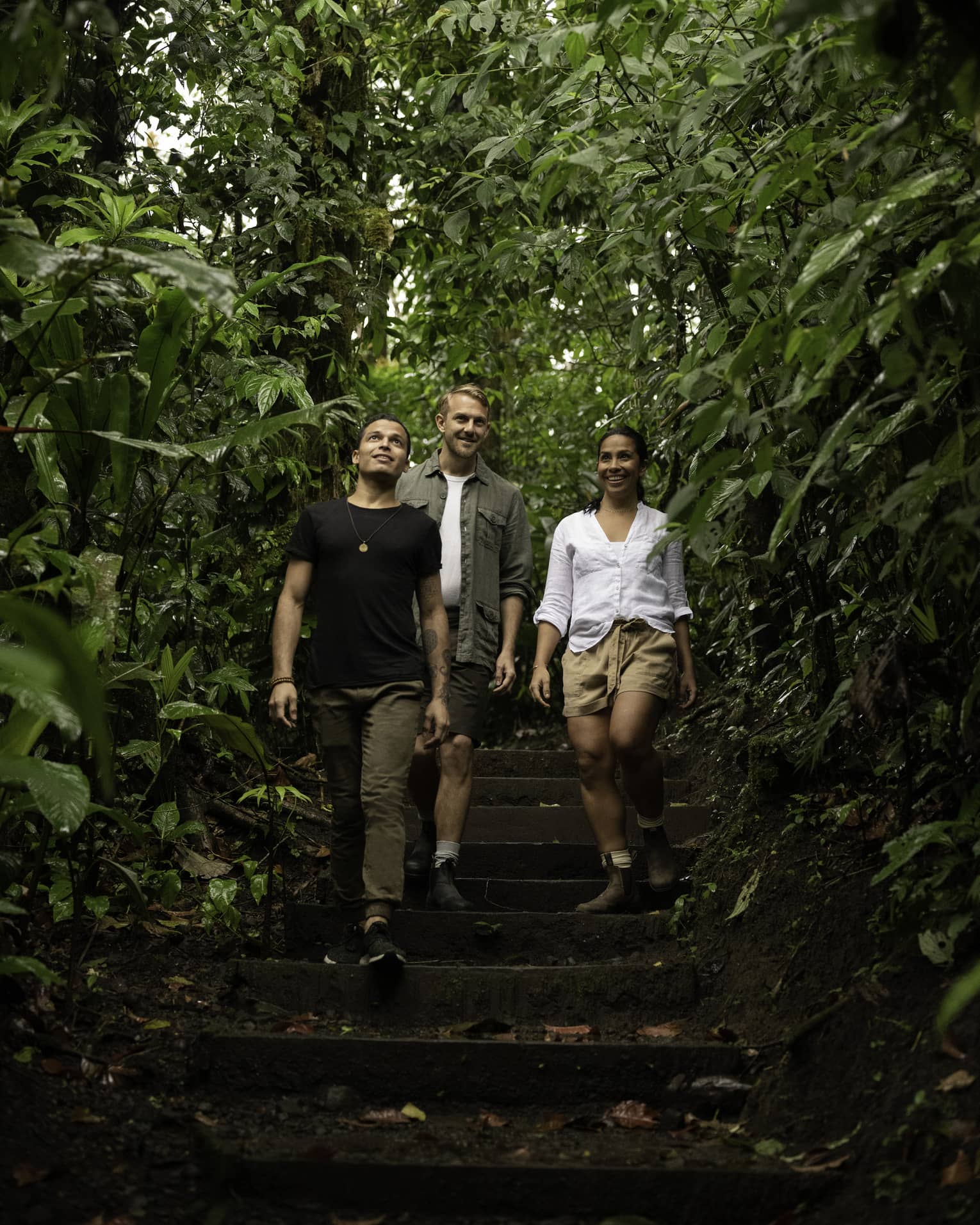 Three adventurous hikers smile as they walk down a wooden staircase surrounded by the lush green foliage of a rainforest.