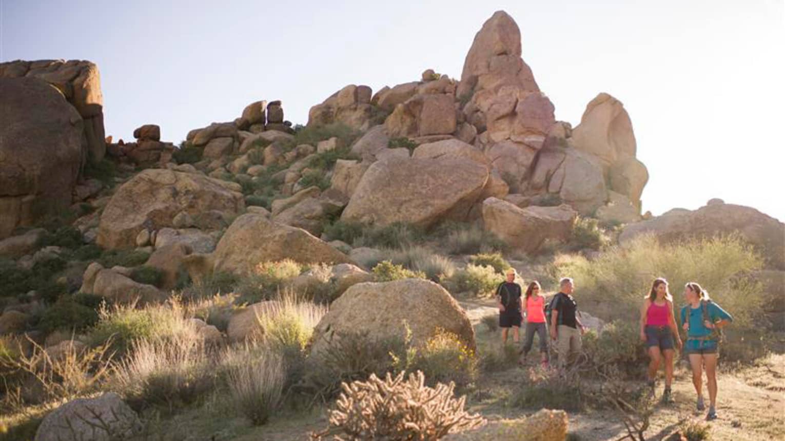 Group of hikers in bright summer clothes descend from trail on Pinnacle Peak
