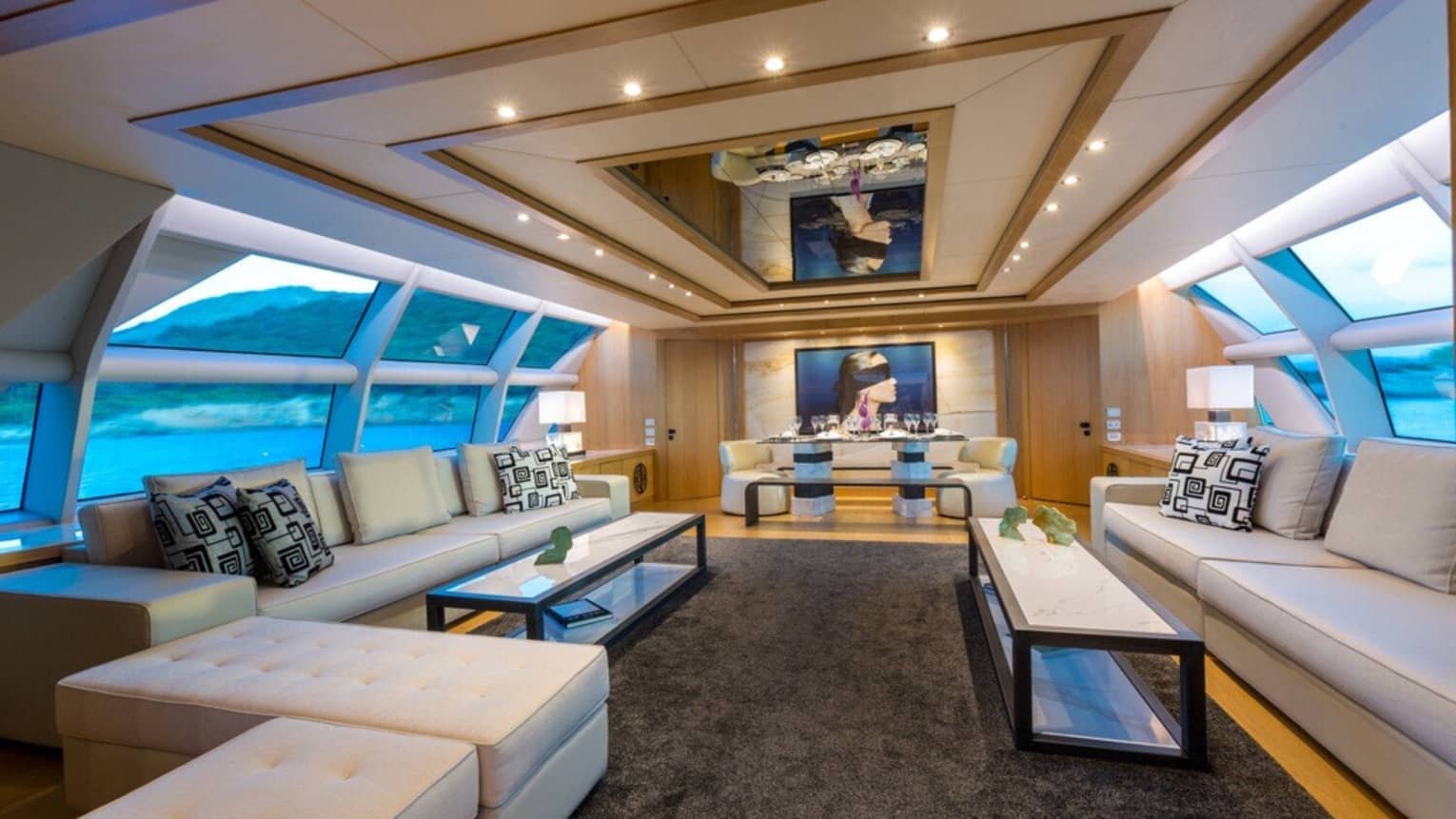 Sleek interior salon of yacht