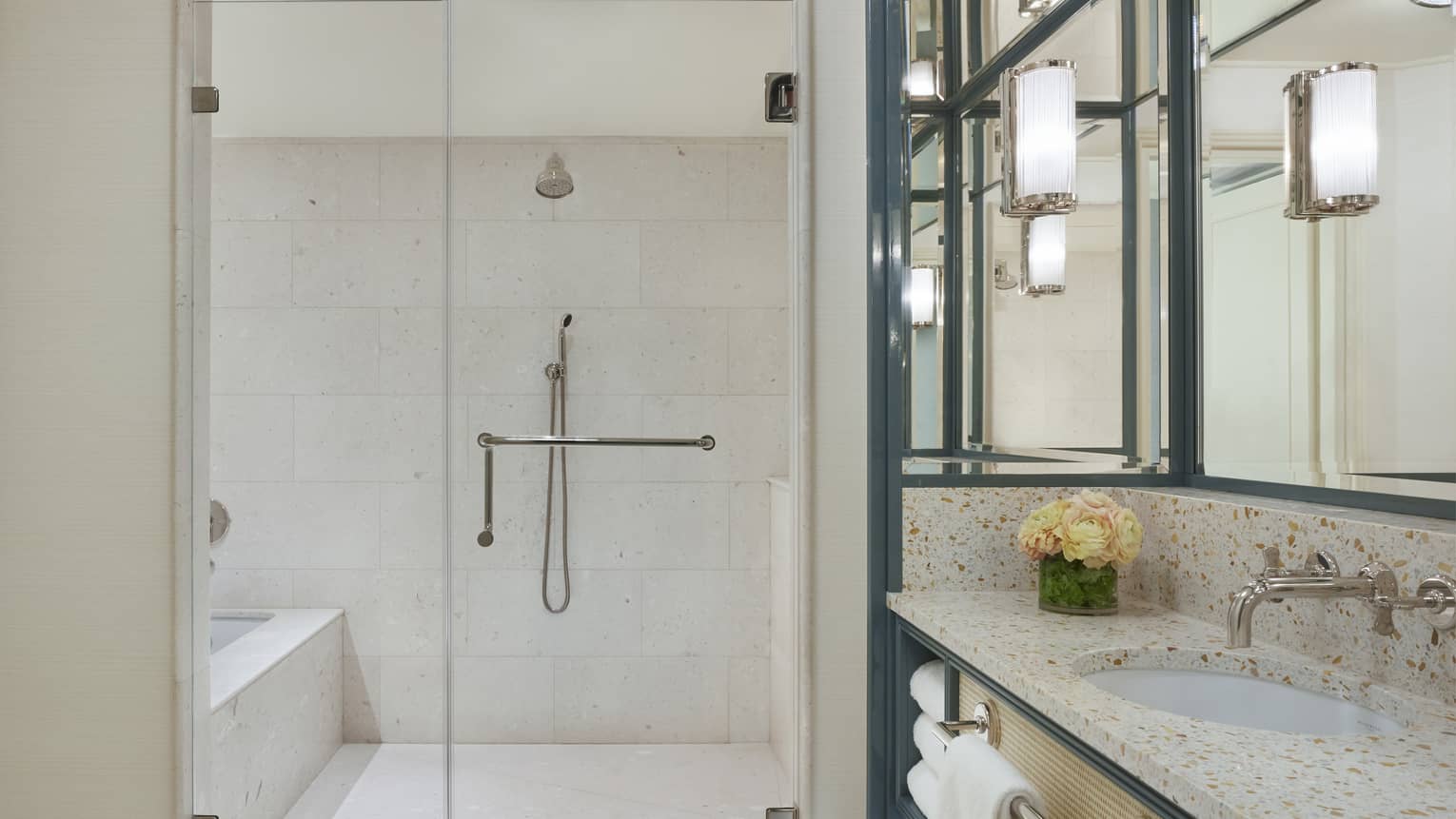 Modern hotel bathroom with a walk-in shower and large vanity