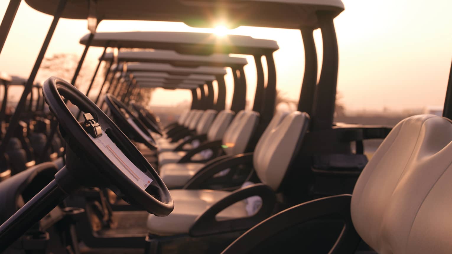 Close-up of golf cart wheel and row of golf carts at sunset