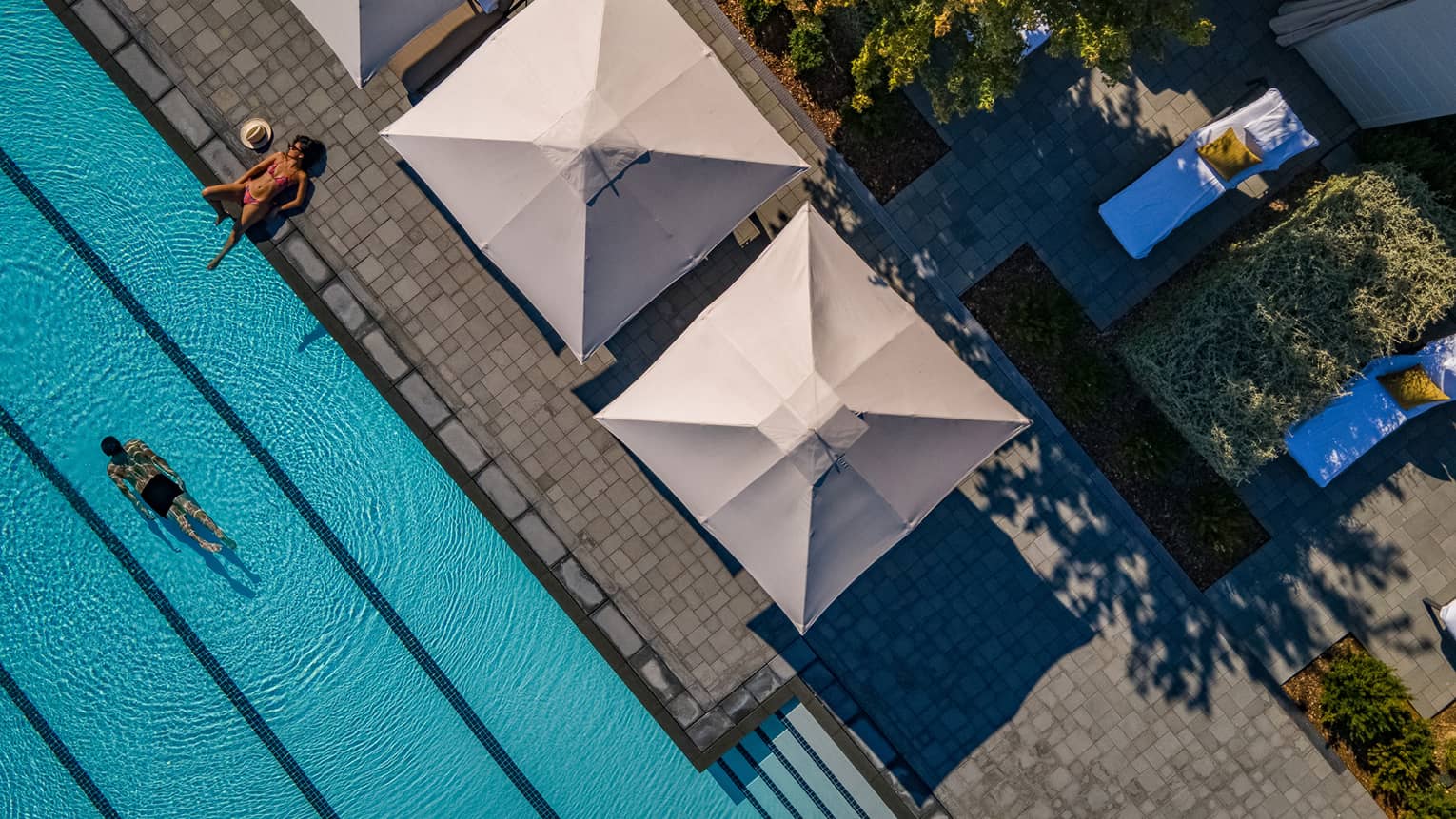 Aerial view of the pool and cabanas, with one person swimming and the other laying on the side of the pool.
