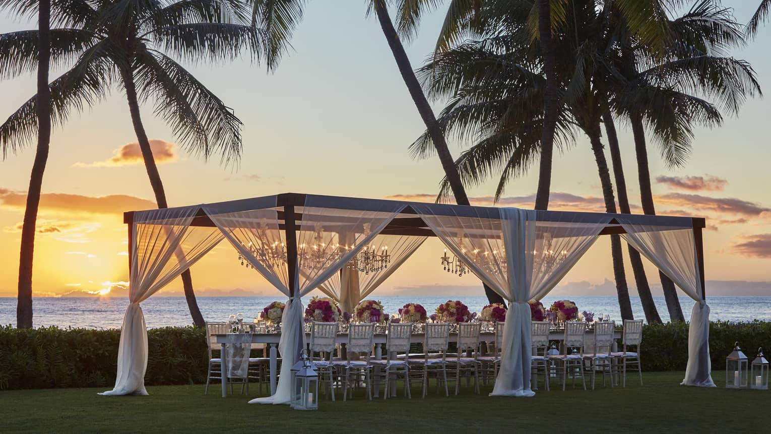 Pergola with sheer white curtains over wedding dining table on lawn by palm trees, ocean at sunset