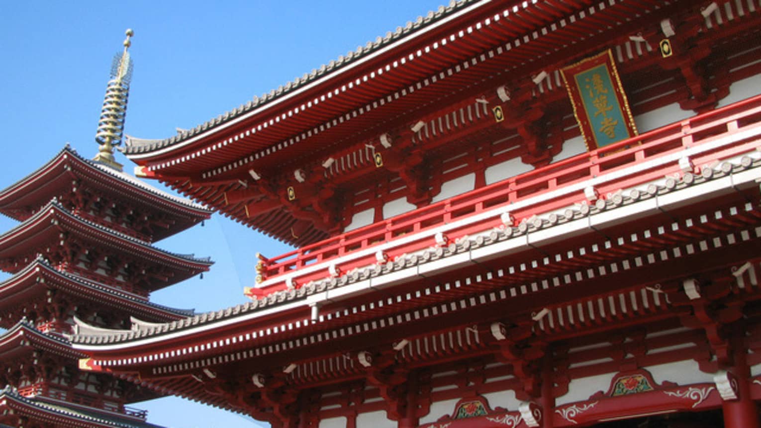 Close-up of detailed ridges of Senso-Ji Temple red pagoda