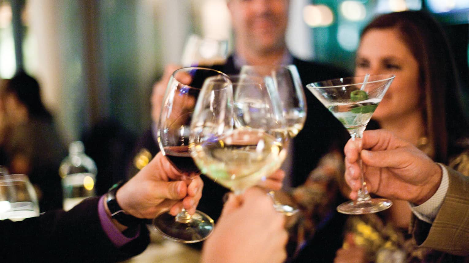 Group of friends toast with wine and martini glasses