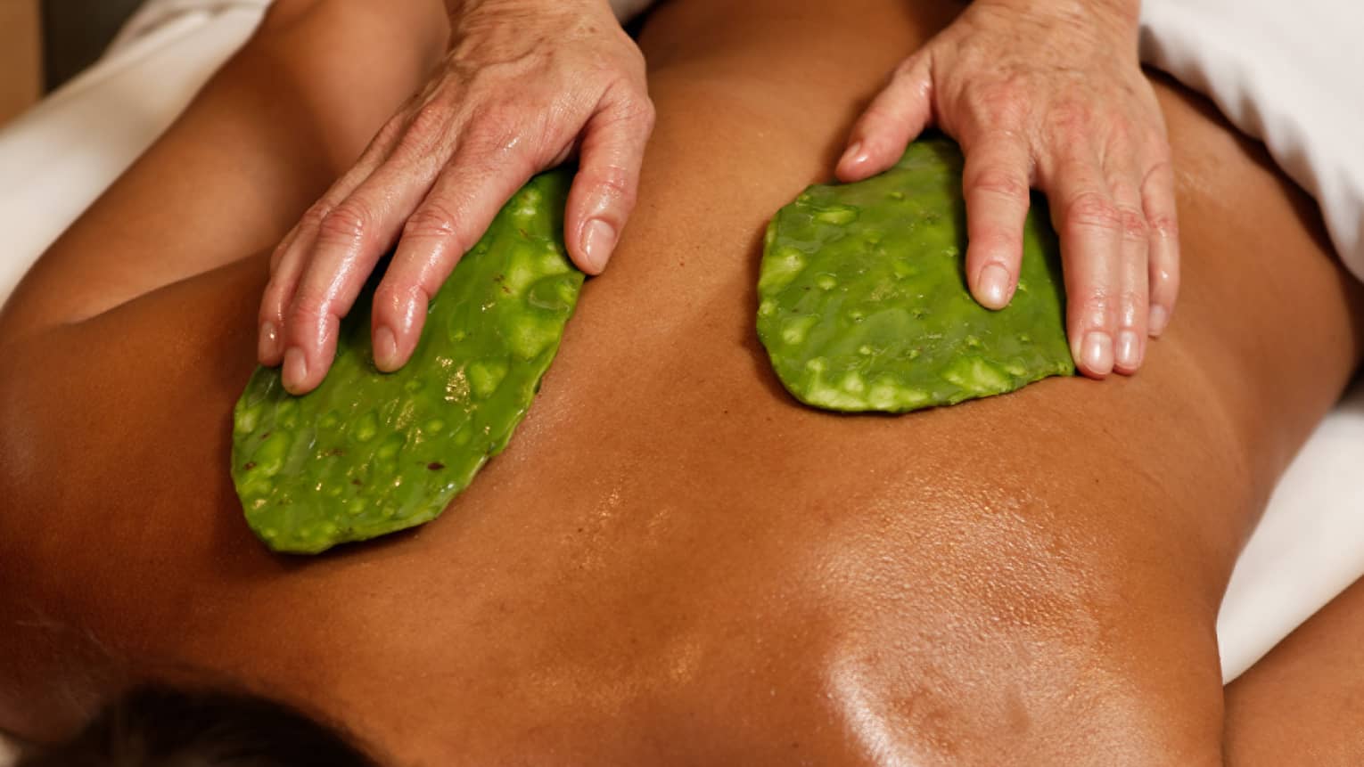 A woman receiving a massage using large leaves.