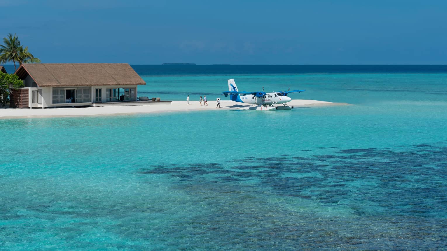 Guests descend from private float plane parked at white sand beach