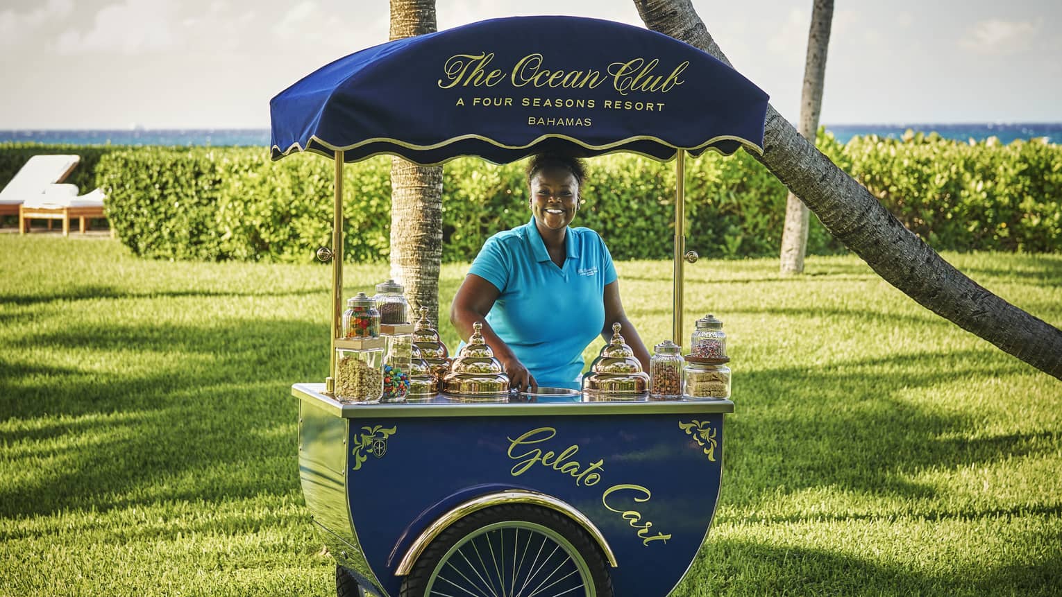 Navy blue Gelato Cart with woman in a blue shirt managing the cart.