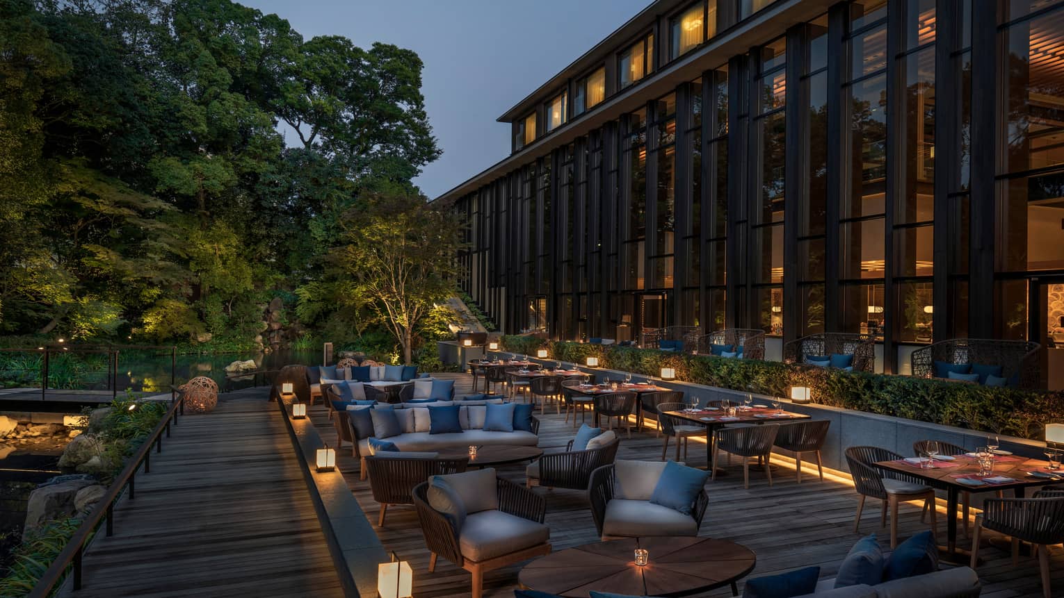 Brasserie patio tables, lanterns at night