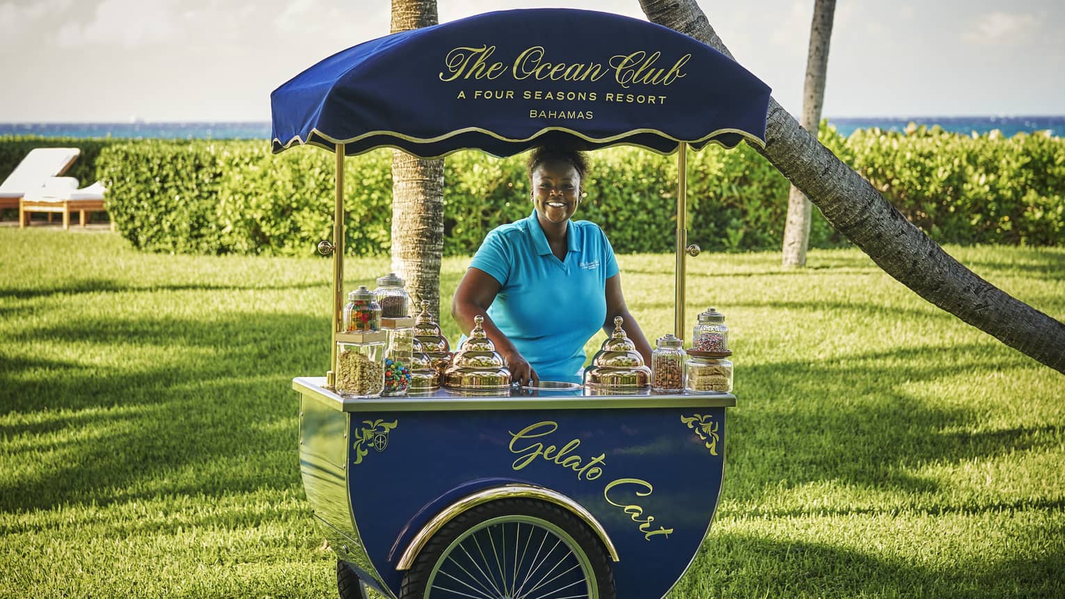 Navy blue Gelato Cart with woman in a blue shirt managing the cart.