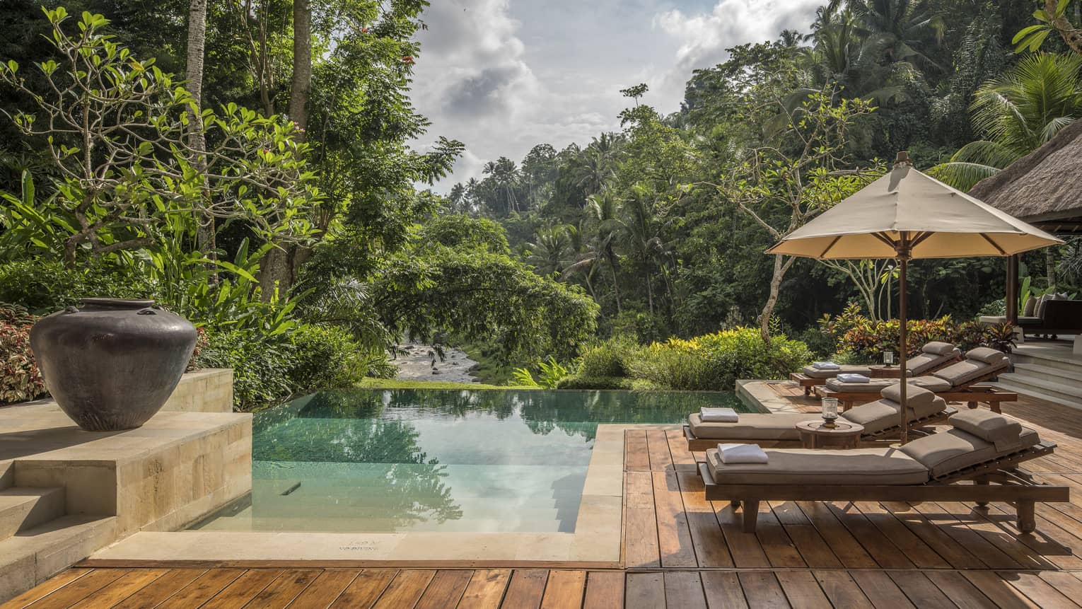 A relaxing villa with an infinity pool overlooking a river in Bali