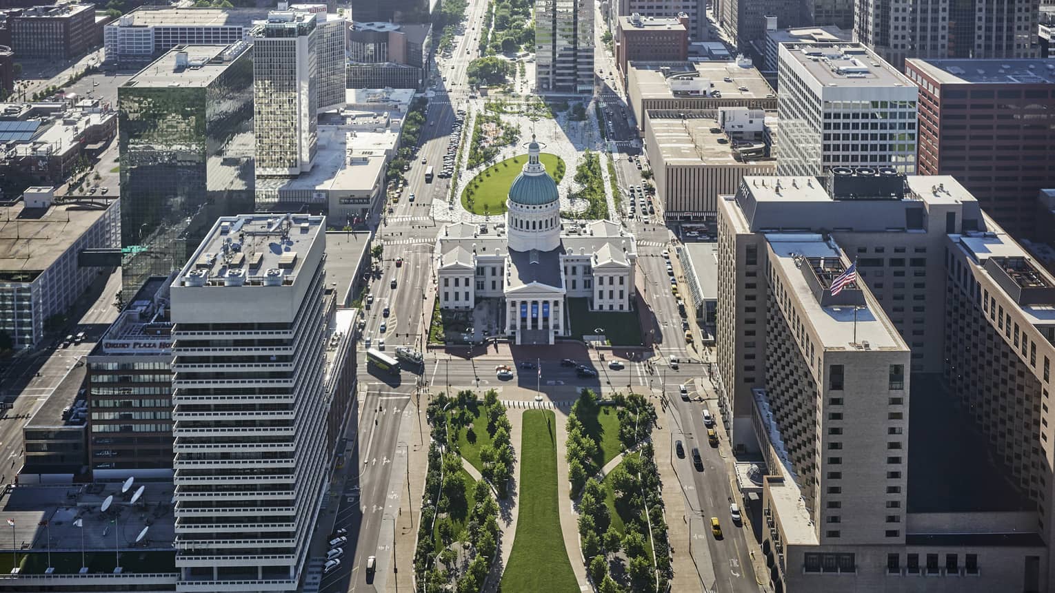 Aerial view of St. Louis city buildings, Kiener Plaza 