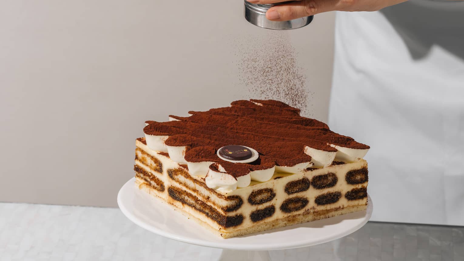 Chef dusts cocoa powder on top of a tiramisu cake