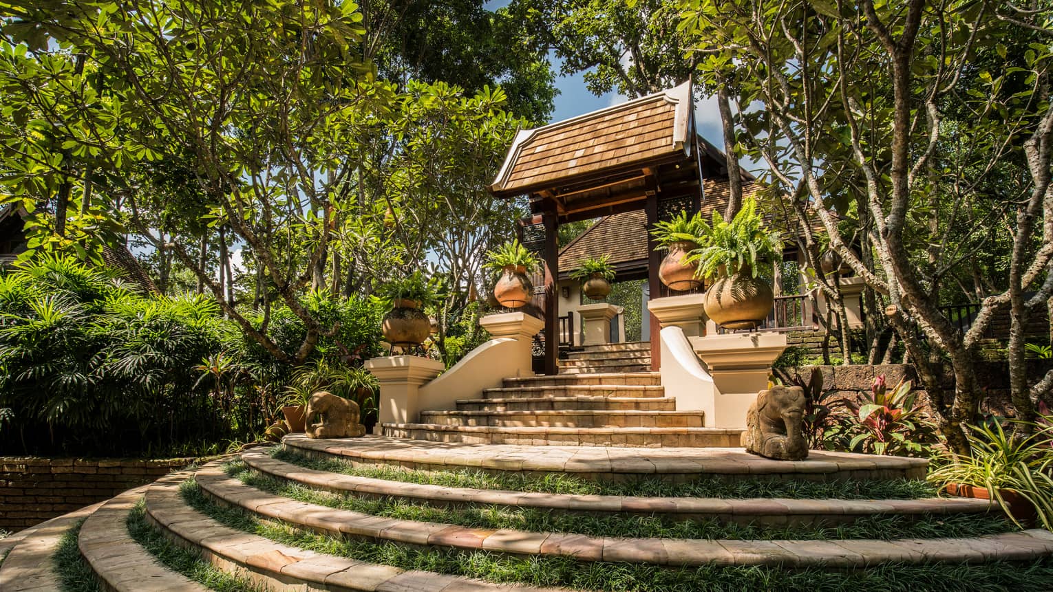 Large curved steps, cement balusters and posts leading to wood Rim Tai restaurant entrance