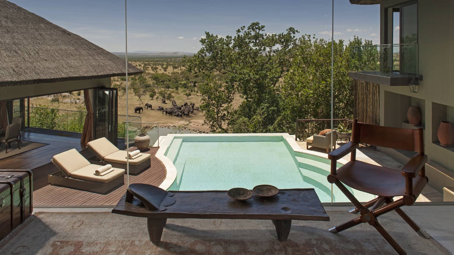 View out window to private pool with lounge chairs, view of elephants at watering hole