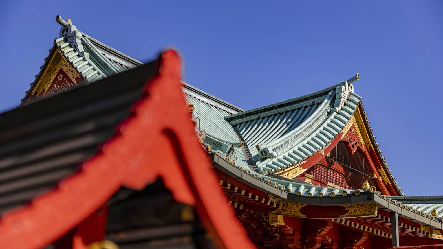 Concave tented gable rooftops of Shinto temples with ornate red and gold facades and grooved piping on the roofs.