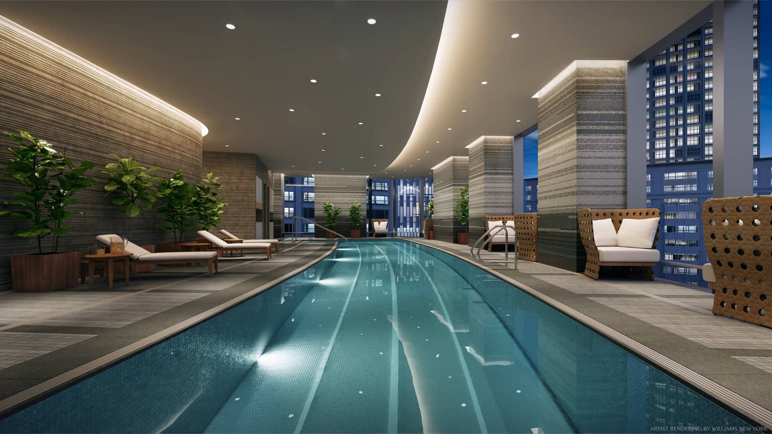 One Dalton Street, Boston long indoor swimming pool under accent, pot lights, chairs by window with city lights views