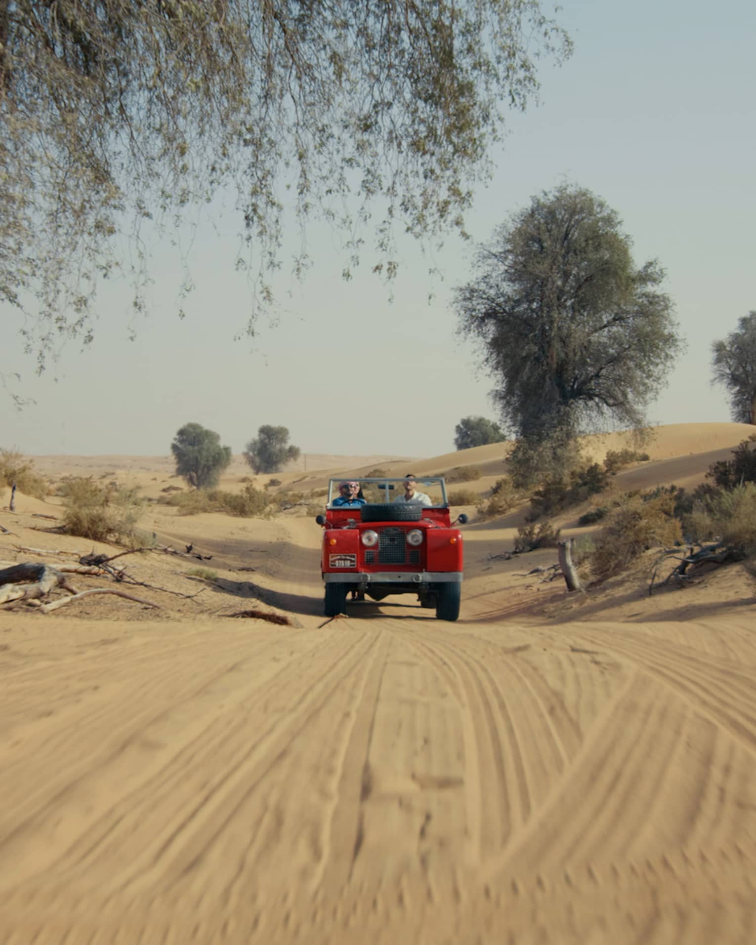 A faraway view of a red Range Rover in a dusty brown desert beneath a scrawny tree.