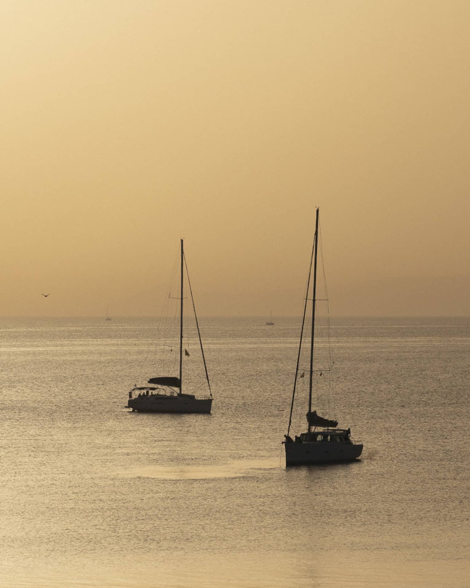 Silhouette of two sailboats at dusk on ocean cruising Greek isles. 