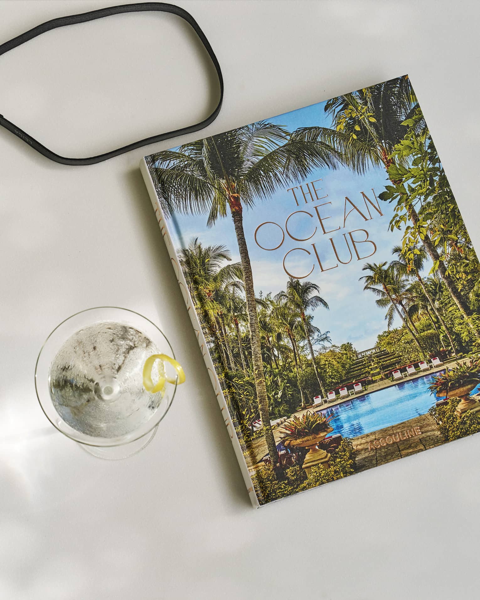 A large book with a pool and palm trees on the cover next to a drink and camera.