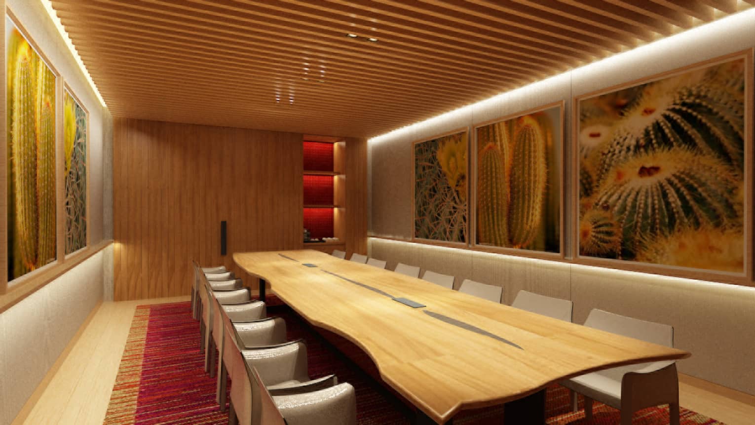 Boardroom with long, natural wood table