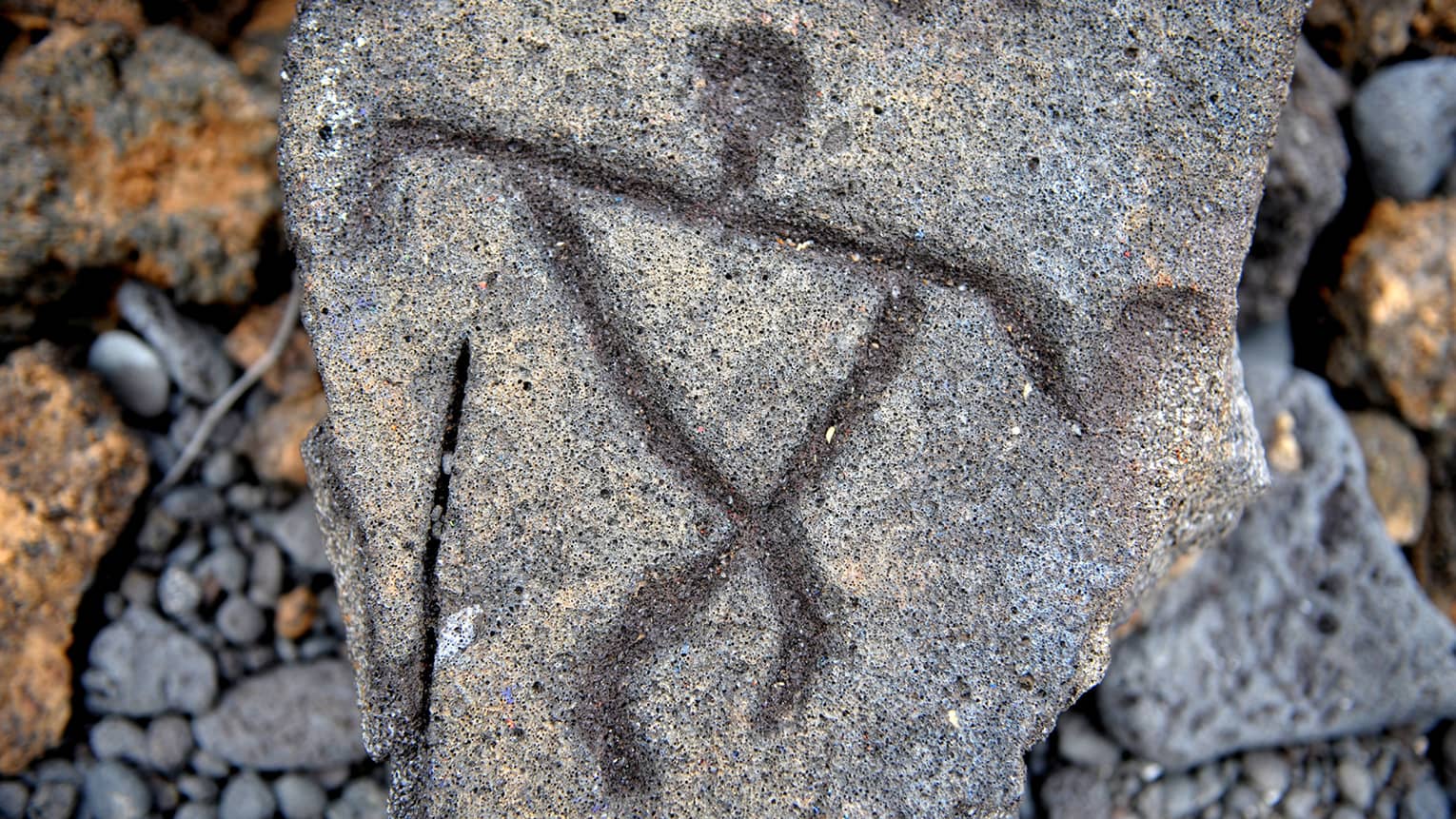 Ancient Hawaiian petroglyphs carved into lava rock