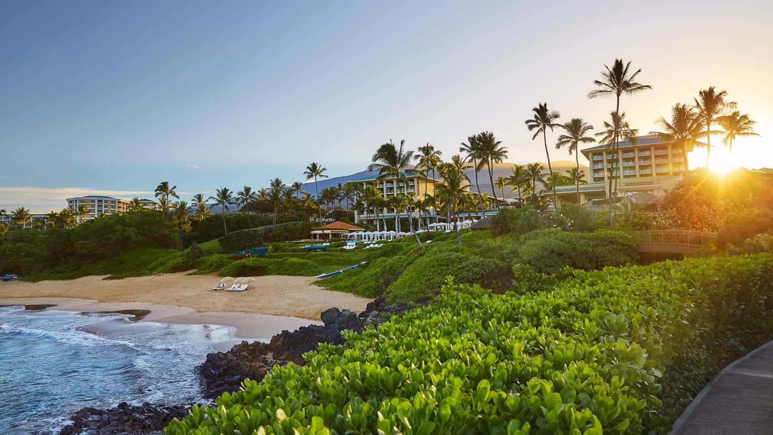 Four Seasons resort and beachfront at sunset, looking over ocean through lush green plants