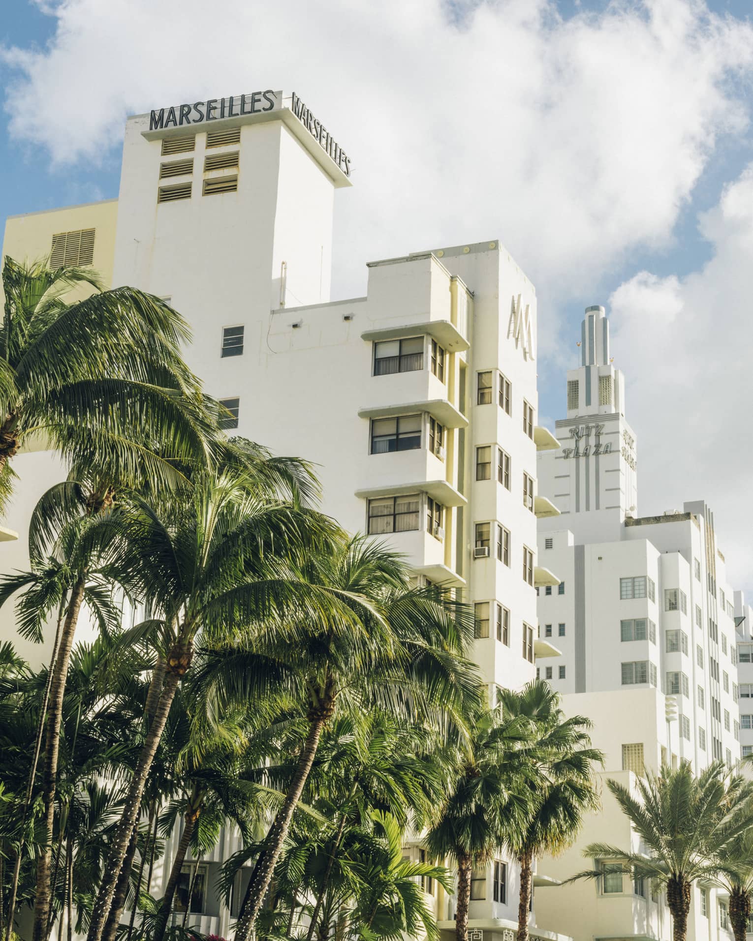 Several hotels in Art Deco buildings are landscaped with palm trees on Collins Avenue.