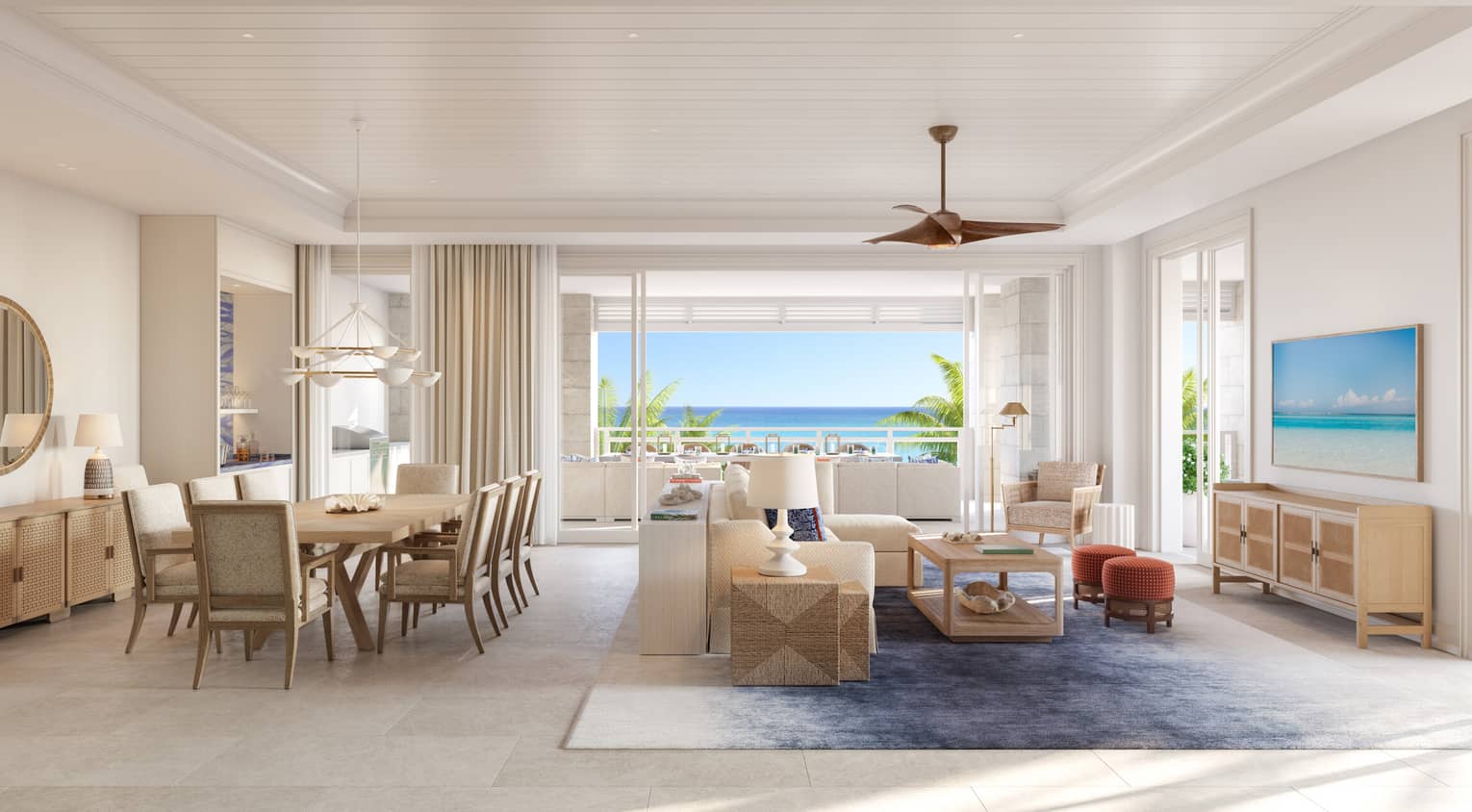 ,Rendering of a modern residence living area with an ocean view