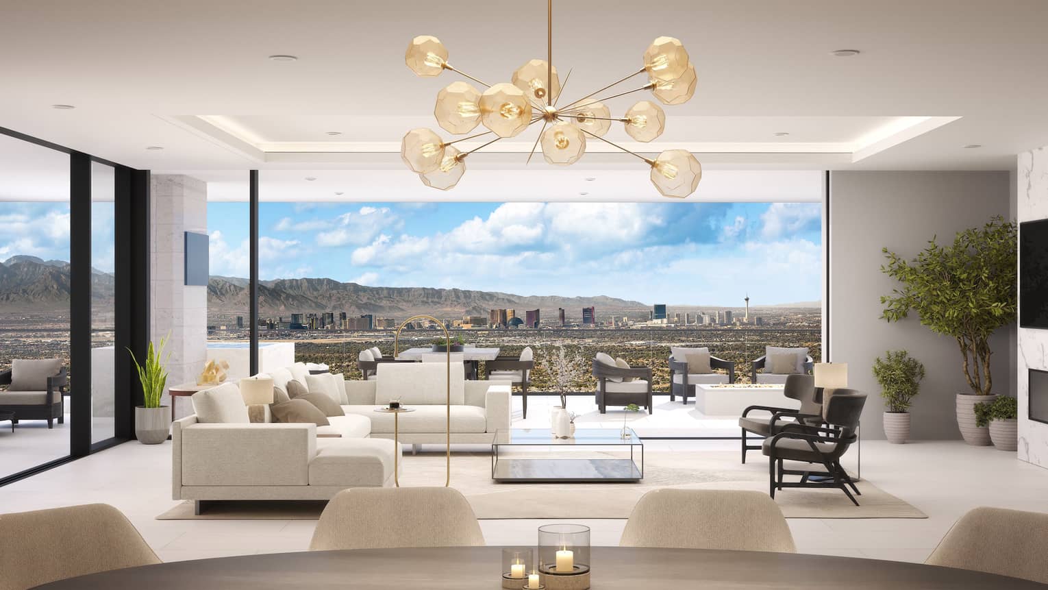 Rendering of resi living room and large floor-to-ceiling windows