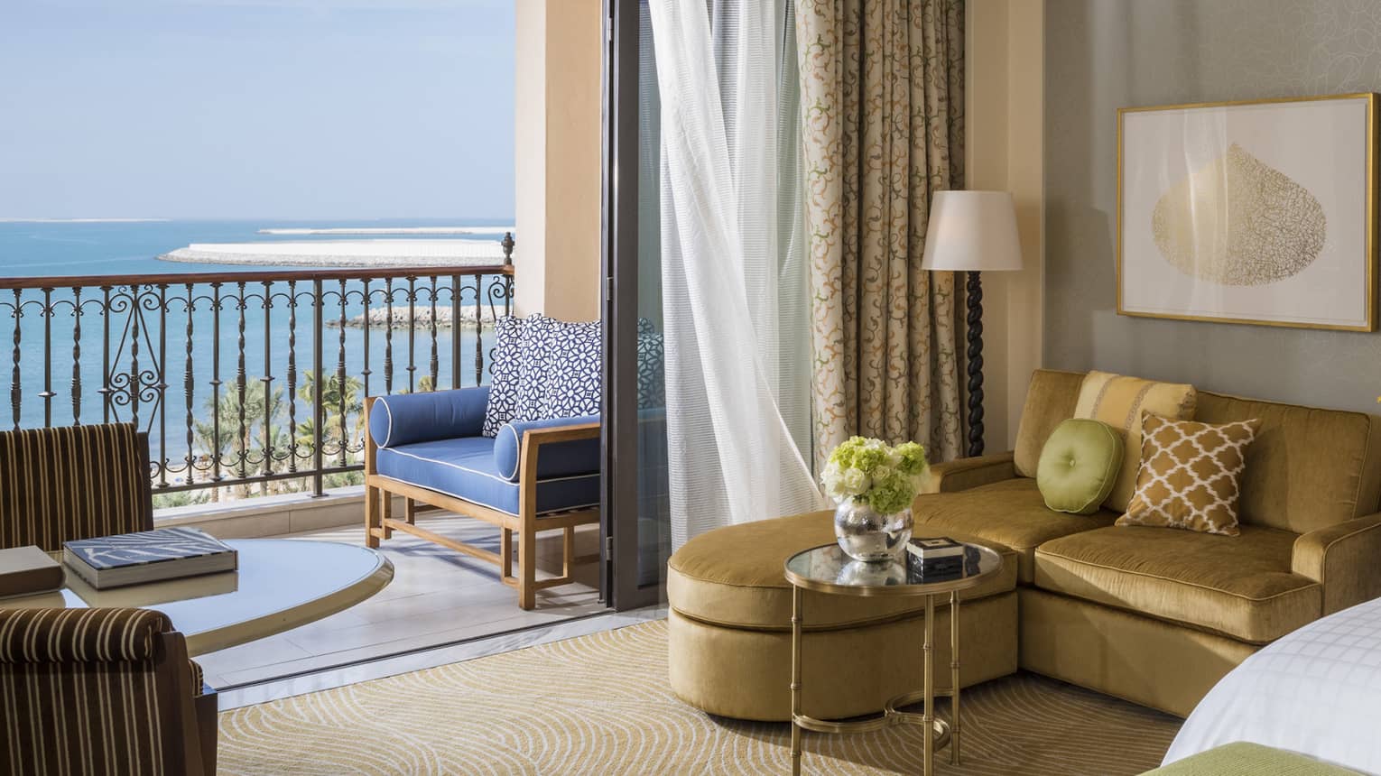 luxury hotel room with elegant decor and sea view