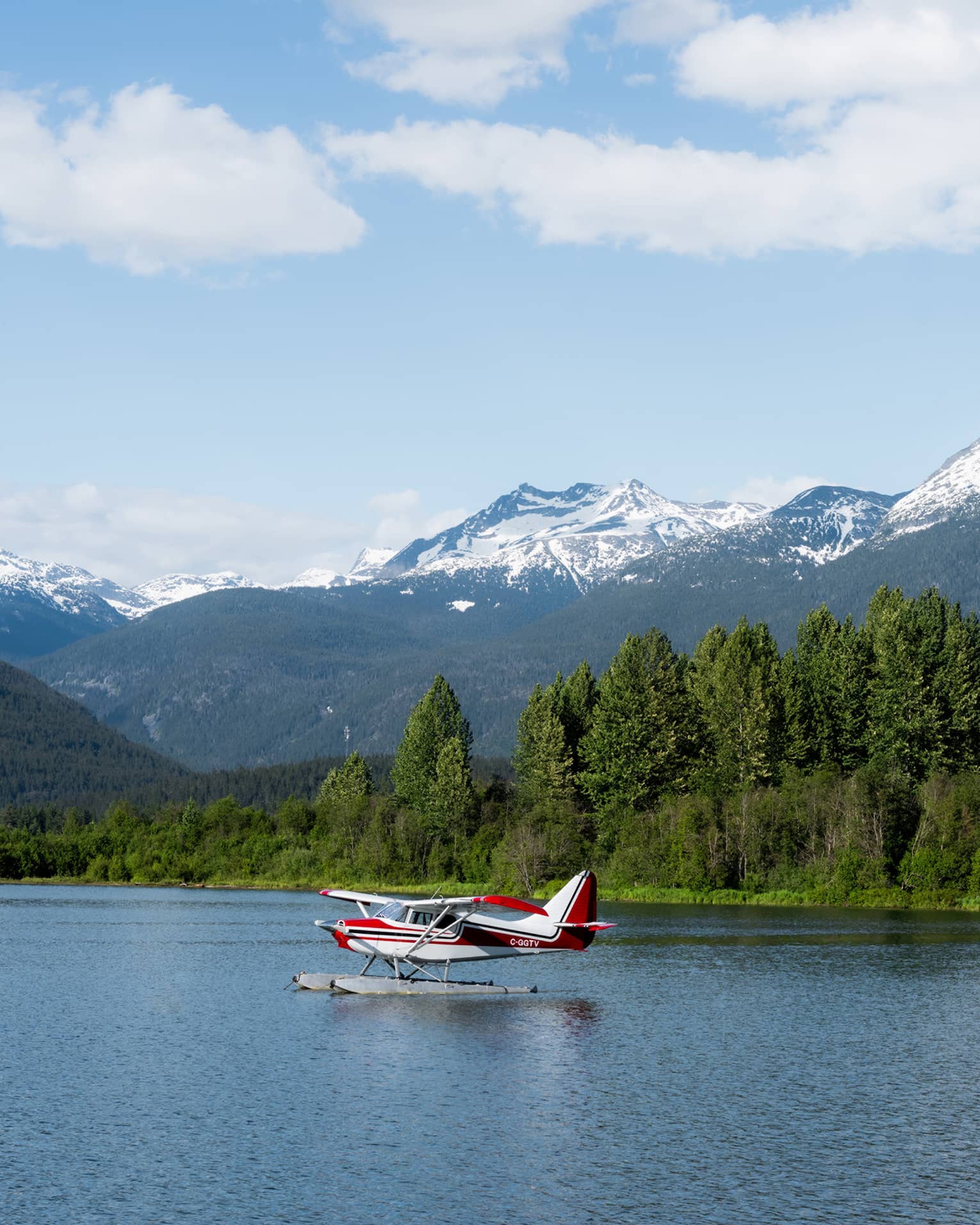 A small plane on a lake surrounded by forest with mountains in the background.