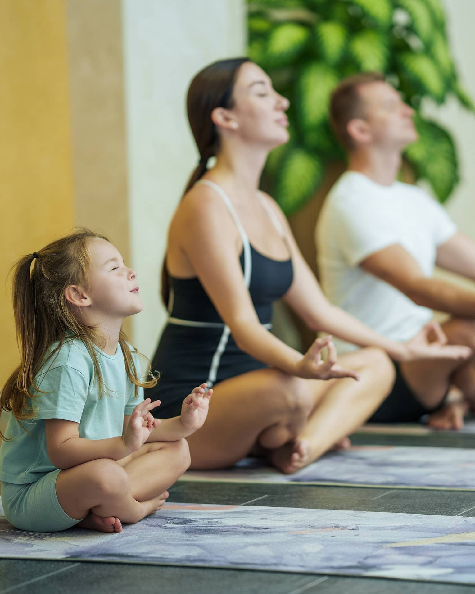 Two adults and one child each sit on a yoga mat with their legs crossed, eyes closed and hands held on their knees