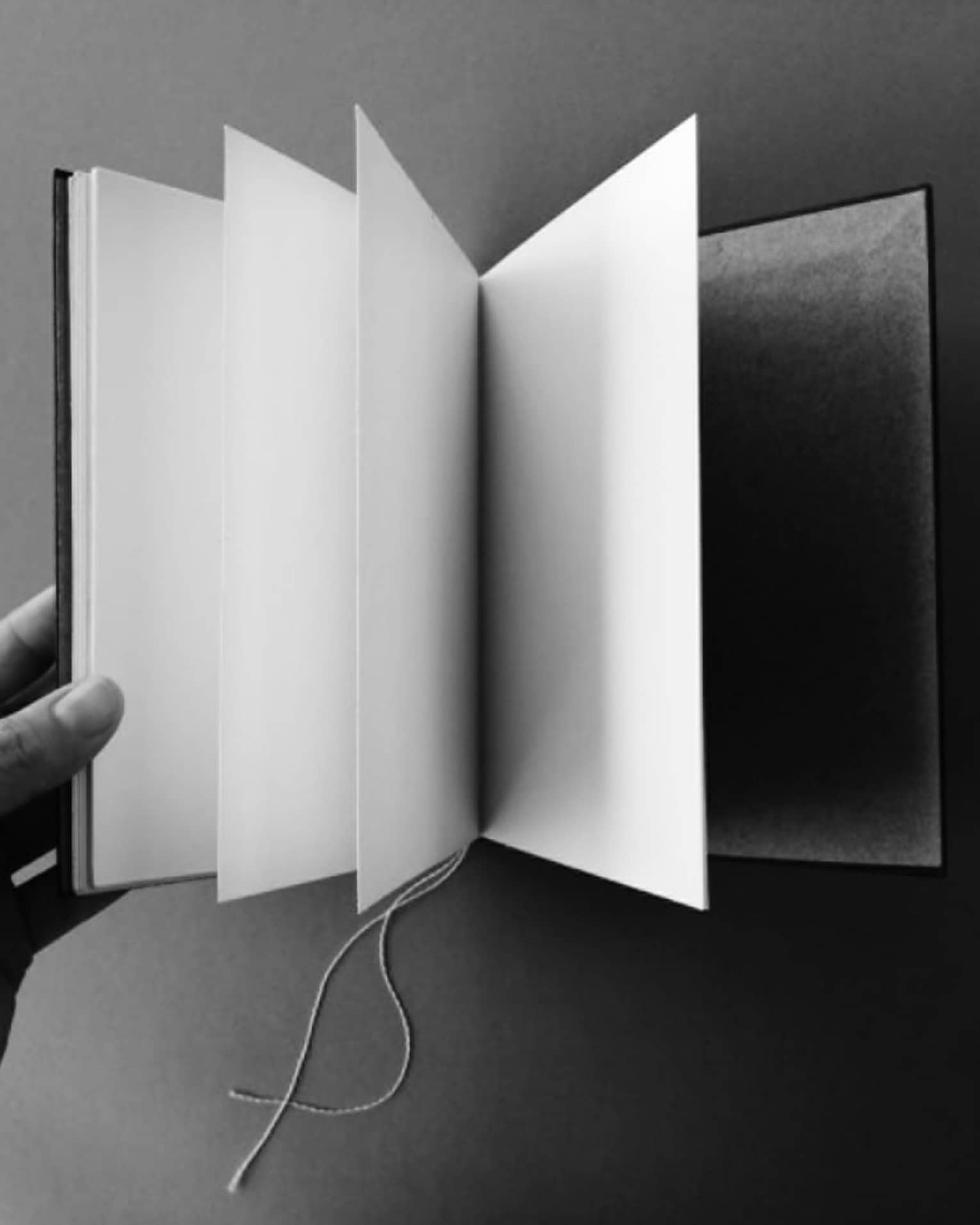 Person holding a journal with blank pages.