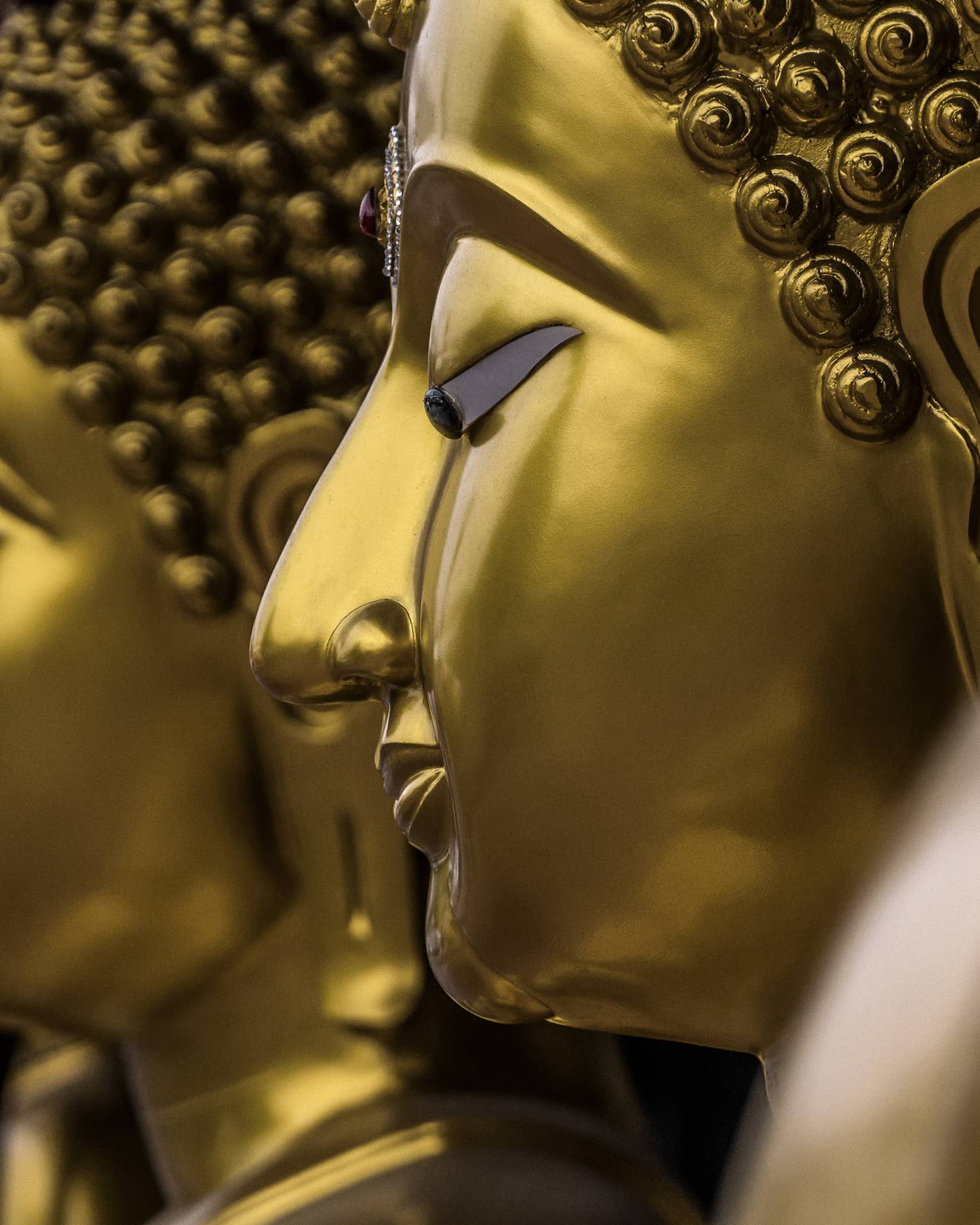 Two gold statues, side of women's face showing nose, ears, closed eyes and hair