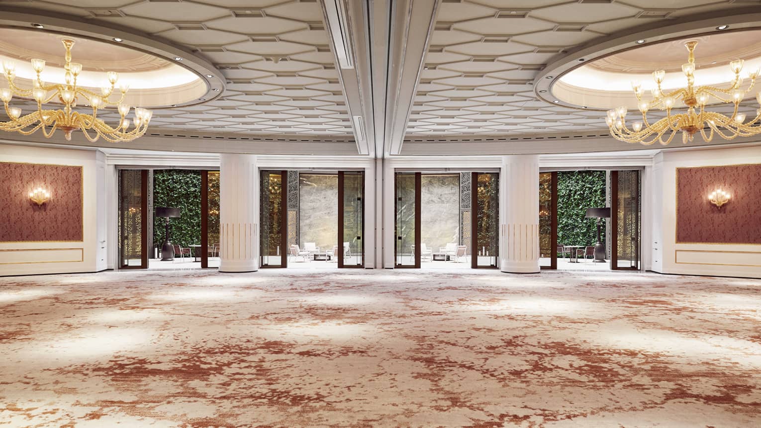 Sol Ballroom with dual chandeliers, wall sconces, red-and-cream patterned carpet, doors leading out onto terrace