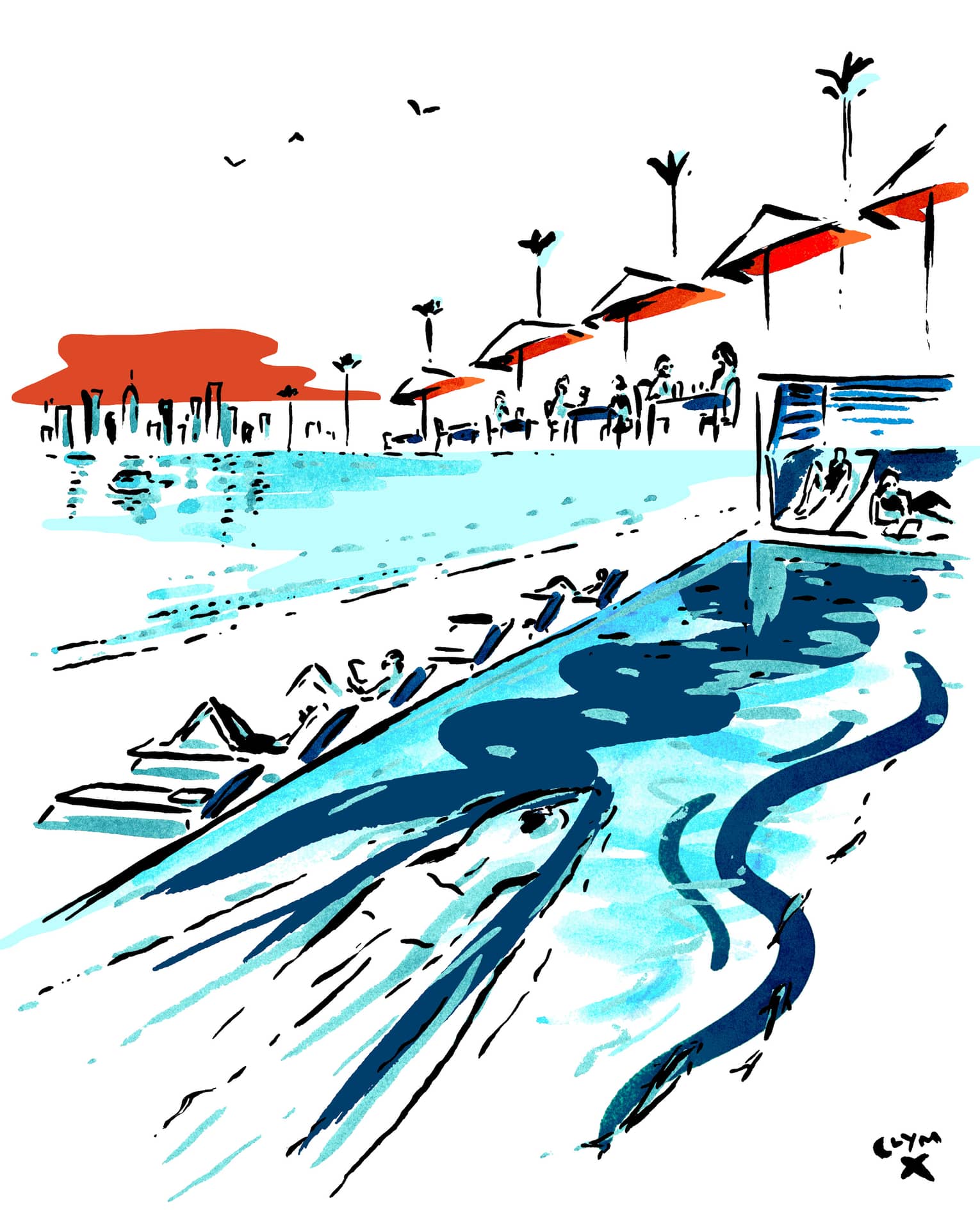 Illustration by Clym Evernden depicting an abstract version of the resort pool in various blues with pops of red