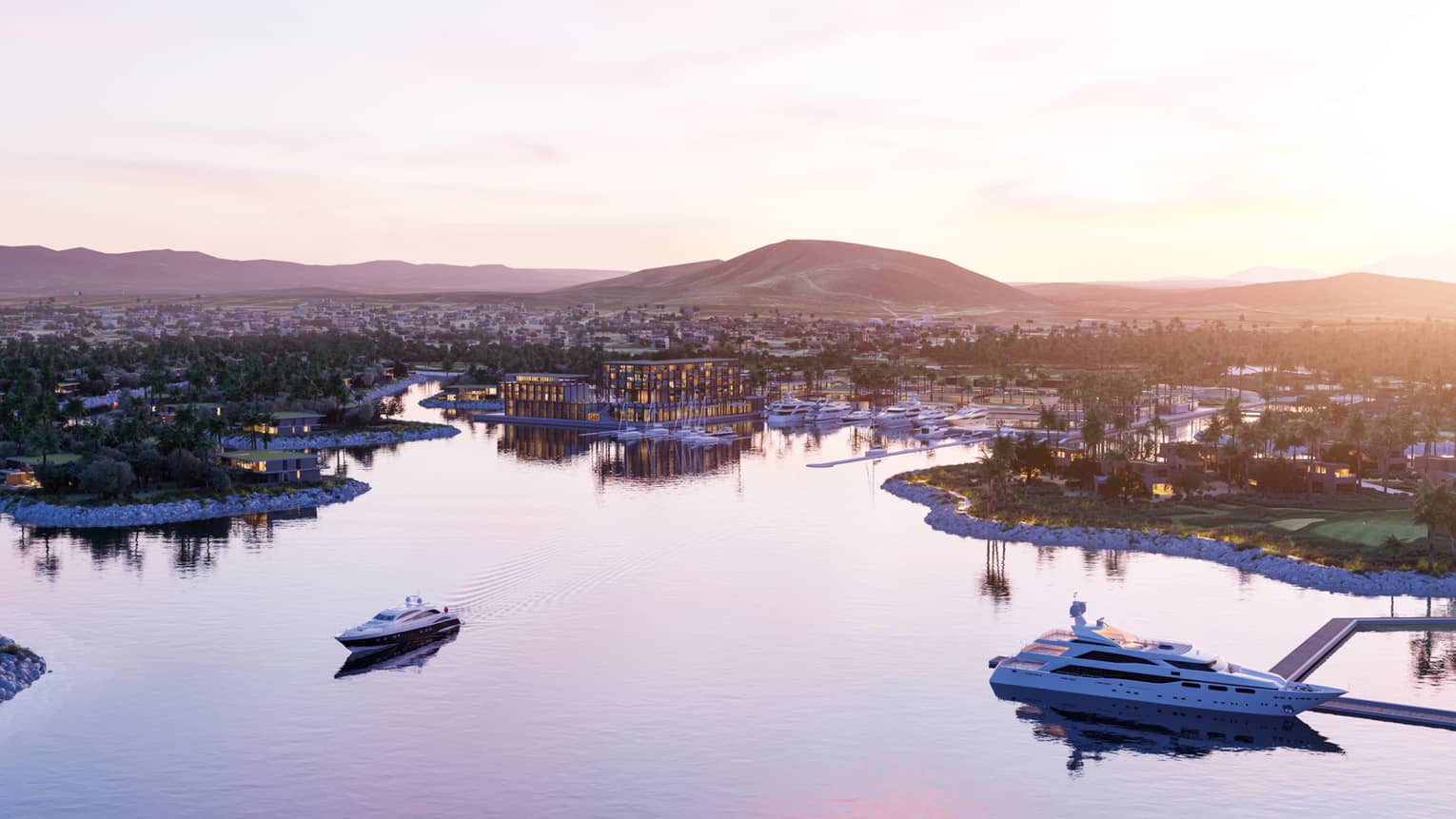 Aerial view of marina, large yachts sailing on water with Los Cabos resort, town, mountains at sunset